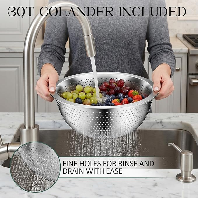 DUTZUN Stainless Steel Mixing Bowls with Colander for Baking, Prep, Cooking | Kitchen Appliances - Metal Mixing Bowl Set of 5 (4, 2.2, 1.6, 1.2 & 0.8 QT) plus 3 QT Strainer