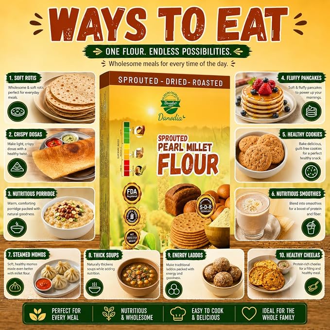 Danodia Foods Organic Sprouted Bajra Pearl Millet Flour, 2 lb Pack | Roasted bajra atta for roti, bhakri, porridge, flatbread and baking; Gluten-Free; US pantry staple; Indian pantry recipes