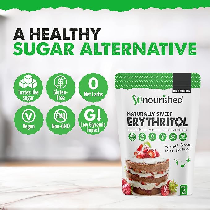 So Nourished Erythritol Sweetener Granular - Keto Sugar Substitute - 0 Calorie, 0 Net Carb, Non-GMO (1 lb / 16 oz)