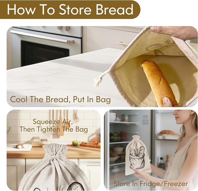 Reusable Bread Bags for Homemade Bread，Natural BeesWax & Linen Cotton，Large Capacity and Portable,Bread Keeper for Sourdough，Food/Bread Storage,with Free Baguette Bag