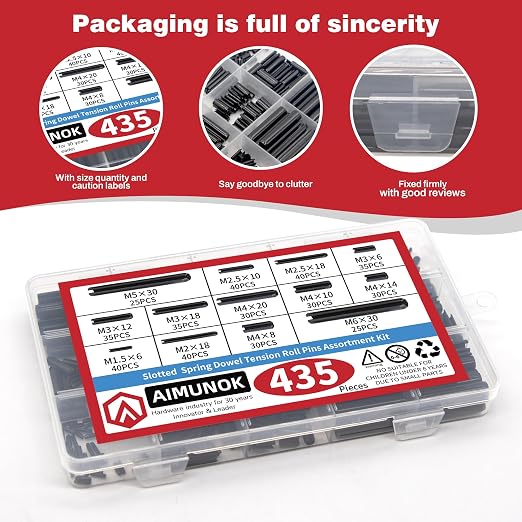 435-Piece Roll Pin Assortment Kit - Slotted Tension Pins, Split Dowels & Expansion Spring Pins - Includes M1.5 to M6 Sizes (13 Types) - Durable Spring Steel for Secure Fastening