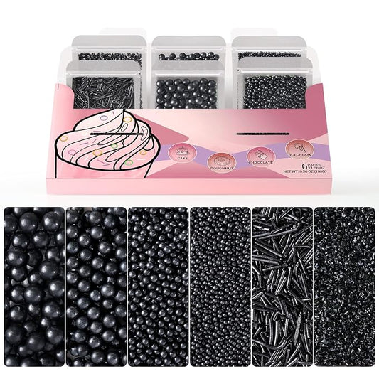 HUEBEATY 6-in-1 Black Edible Cake Pearls Sprinkles for Cake Cookies Decorating and Baking | 180g/6.36oz | Black Sanding Sugar for Cookies | Edible Graduation, Halloween Sprinkles and Decorations
