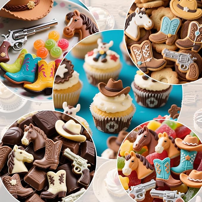 Palksky Cowboy Chocolate Molds, 2Pack Western Theme Silicone Mold Baking with Cowboy Horse Boots Hat Saddle Shapes, Candy Molds for Chocolate Gummy Cookies Fondant Candy Party Decor