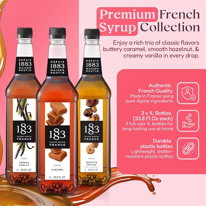 1883 Vanilla, Caramel, Roasted Hazelnut Syrups with Pumps (Coffeehouse Favorites) for Coffee & Drinks – 1 Liter Plastic Bottles (Pack of 3)