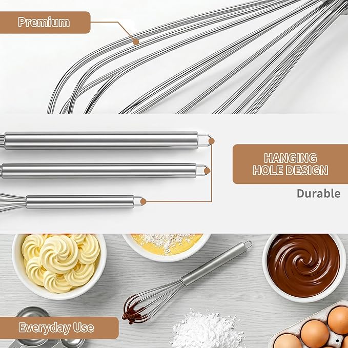 3 PCS Mini Whisk, Small Whisks for Cooking - Stainless Steel Balloon Hand Whisk Set (11", 9", 7") for Baking, Beating Eggs & Batter | Rust-Resistant & Dishwasher Safe