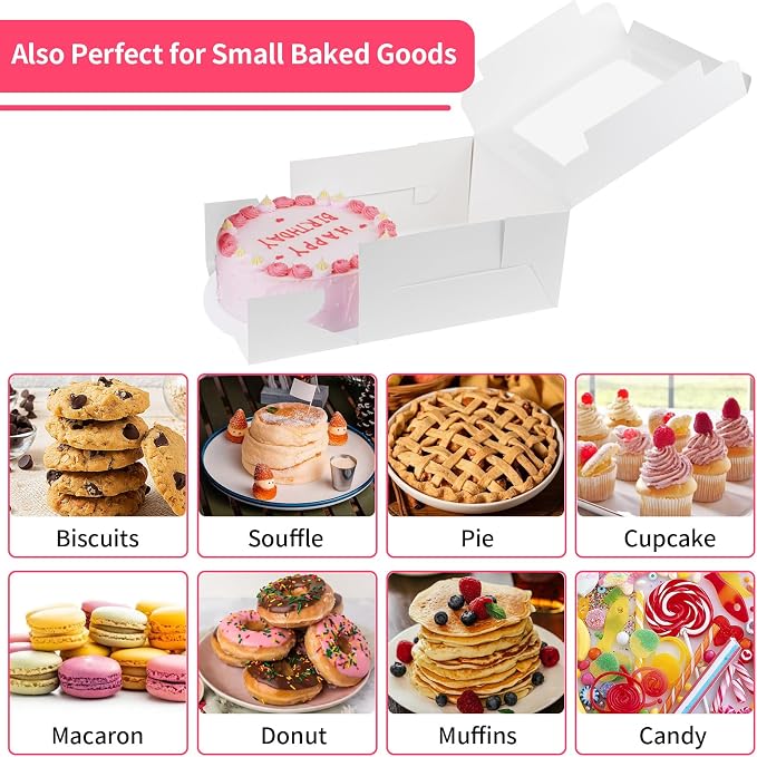 WINKIO Cake Boxes with Cake Boards, 4 Pack 10 Inch Cake Boxes with Window, Disposable Bakery Box for Cake Cookies Pies Cupcakes Pastry