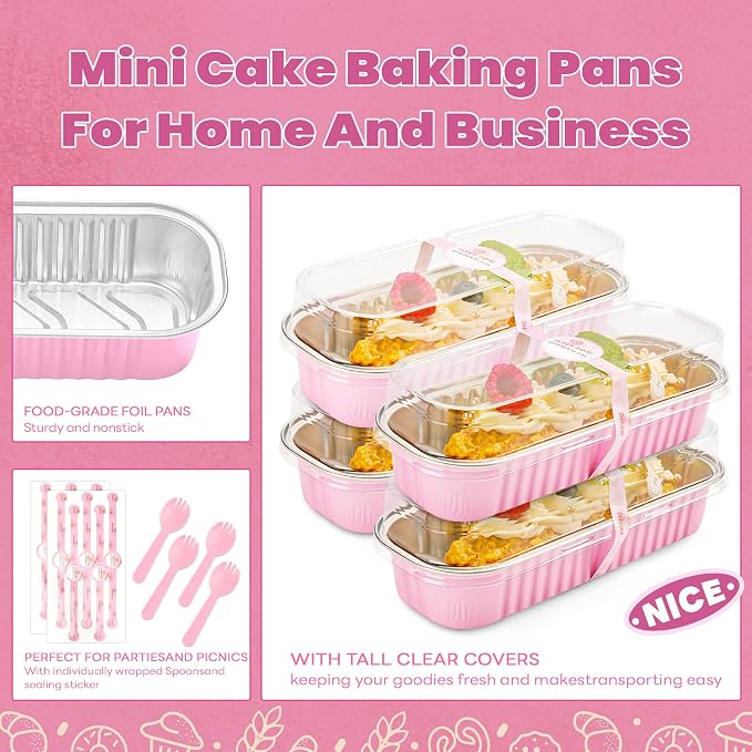 NPLUX Mini Loaf Pans with Lids and Spoons Rectangular Aluminum Foil Baking Pans Mini Cheesecake Containers 6.8oz, Graduation Gifts Party Favors(120 Pack, Pink)