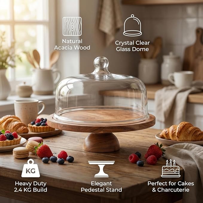 Cake Stand with Clear Dome Lid – 12 Inch Acacia Wood 2-in-1 Reversible Cake Stand & Charcuterie Board – Cake Keeper with Cover for Kitchen, Party & Home Decor