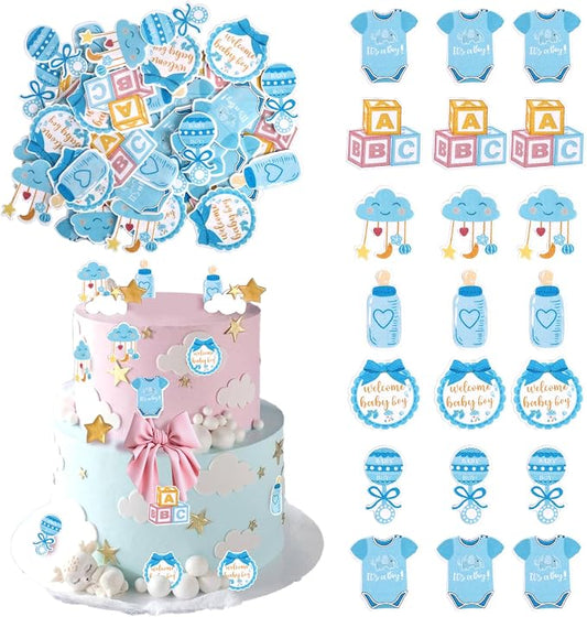 60 PCS Edible Oh Baby Cupcake Toppers Pacifier Cloud Moon Star Welcome Baby Boy Cupcake Picks Edible Baby Shower It's a Boy Cake Decorations for Baby Shower Boys Birthday Party Supplies Blue
