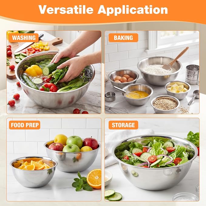 Domensi Stainless Steel Mixing Bowls Set - 5-piece Polished Mirror Nesting Bowls 1.25, 2.75, 4.25, 6.25, 8 Quart Thickened Material Ideal for Kitchen, Cooking, Baking and Storage, Deep
