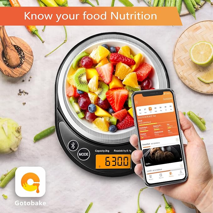 UNIWEIGH Smart Digital Food Scale Grams and Ounces Kitchen Scale 0.1g/3kg | Scale with Nutritional Calculator,Food Weight Scale for Weight Loss,Keto, Macro,Calorie,Meal Prep,6 units,LCD display