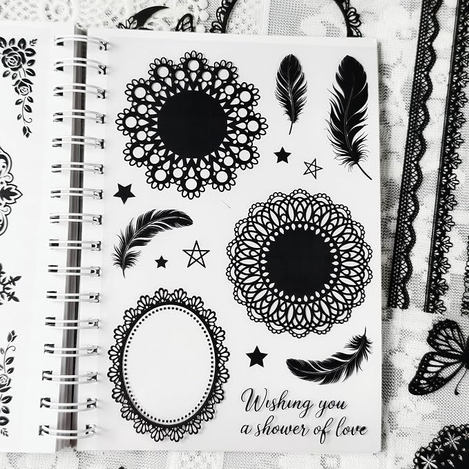 130 Pcs Vintage Black White Lace Scrapbook Stickers - Classic Butterfly Feather Heart Embellishments for DIY Journal Wedding Photo Album Craft Decor, Fade-Resistant Waterproof Reusable