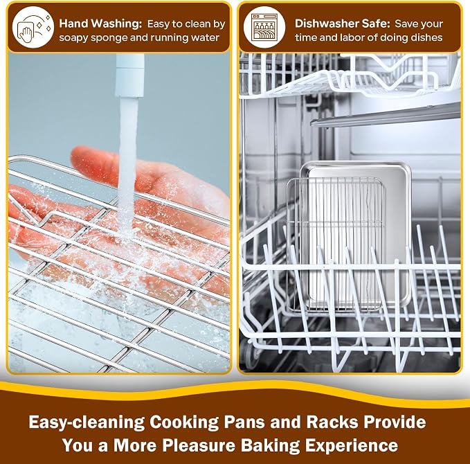 P&P CHEF 9 Inch Baking Sheet Pan with Rack Set, Stainless Steel Cookie Sheet Pan Tray with Cooling Rack for Oven Use, Cooking Roasting, Non Toxic & Dishwasher Safe, Heavy Duty