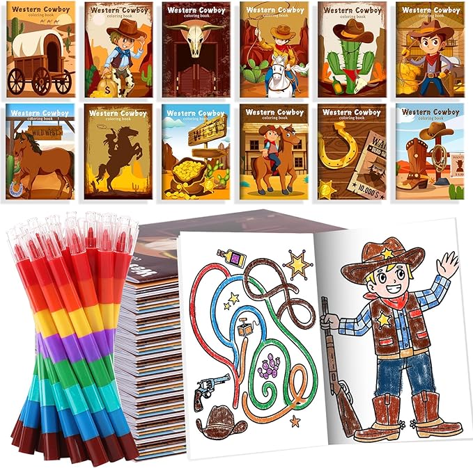 BenLouis 12 Western Cowboy Mini Coloring Books Kids with 12 Stacking Crayons Wild West Party Favors Small Activity Books Bulk for Kids Yee Haw Rodeo Party Horse Gift Goodie Bag Stuffers
