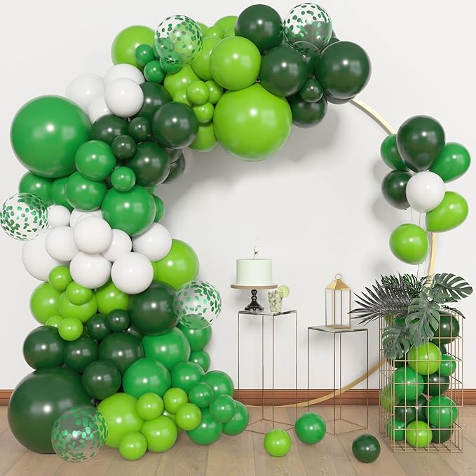 Amandir 153pcs Green Balloon Arch Garland Kit, Different Sizes 18 12 10 5inch Dark Emerald Light Lime Green Latex Confetti St Patricks Day Balloons Safari Jungle Birthday Graduation Party Decorations