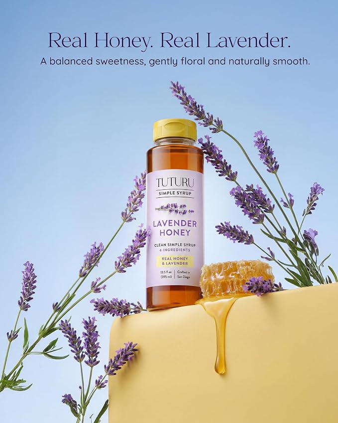 Lavender Honey Simple Syrup for Coffee, Cocktails, Tea, Matcha - Clean Simple Syrup with Real Lavender & Honey - 13.5 oz