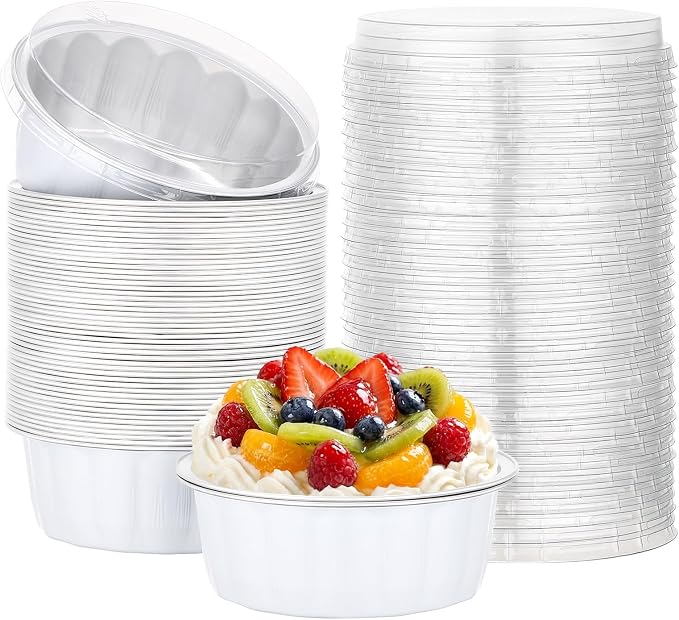 Beasea 8 oz Disposable Ramekins with Lids, 50 Pack Aluminum Cups for Baking, Aluminum Foil Baking Cups with Lids, Creme Brulee Muffin Cupcake Mini Pudding Foil Ramekin for Party Wedding - White