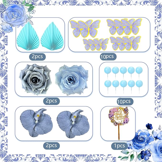 27 PCS Flower Cake Decorations Blue Cake Decorations Boho Butterfly Cake Toppers with Rose Artifical Flowers Palm Leaves Balls Happy Birthday Cake Topper for Birthday Party Wedding Baby Shower