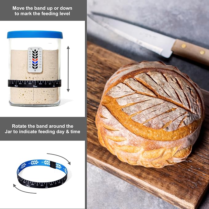 Premium Sourdough Starter Jar - 40oz Large Sourdough Jar with Marked Feeding Band, Scraper, Cloth Cover and Silicone Lid/Base, Wide Mouth Starter Kit - Blue