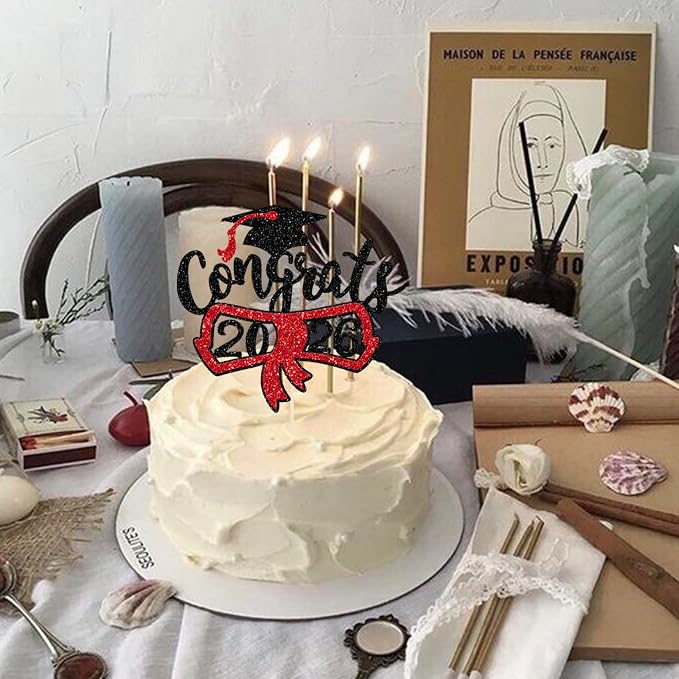 1 Pack Congrats 2026 Cake Topper Glitter Diploma Graduation Cap Cake Pick Contrats Class of 2026 Cake Decorations for 2026 Graduation Theme High School Boys Girls Graduate Party Red