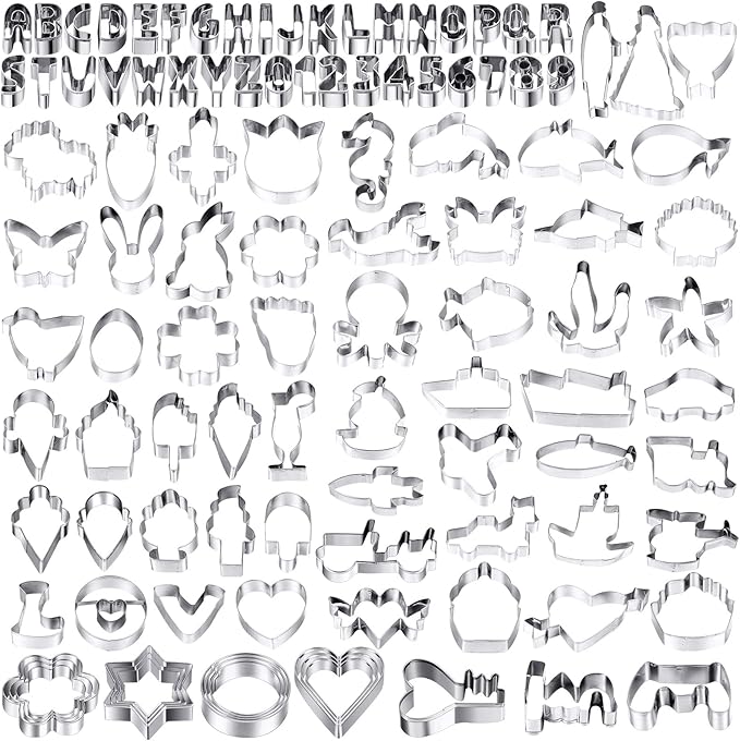 108 Pcs Metal Cookie Cutters Set Stainless Steel Biscuit Cutter Molds Include Heart Star Round Flower Vehicle Sea Creatures Alphabet Numbers Ice Cream Cone Fruit Shapes Cookie Cut Tools for Baking