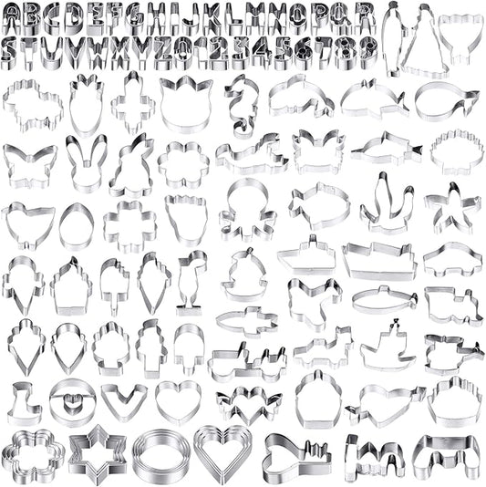 108 Pcs Metal Cookie Cutters Set Stainless Steel Biscuit Cutter Molds Include Heart Star Round Flower Vehicle Sea Creatures Alphabet Numbers Ice Cream Cone Fruit Shapes Cookie Cut Tools for Baking