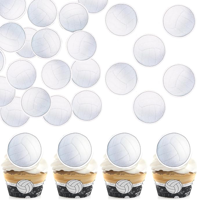 48 PCS Edible Volleyball Cupcake Toppers Wafer Paper Sports Ball Cupcake Picks Edible Volleyball Birthday Decorations for Sports Theme Baby Shower Kids Player Birthday Party Cake Decoration Supplies