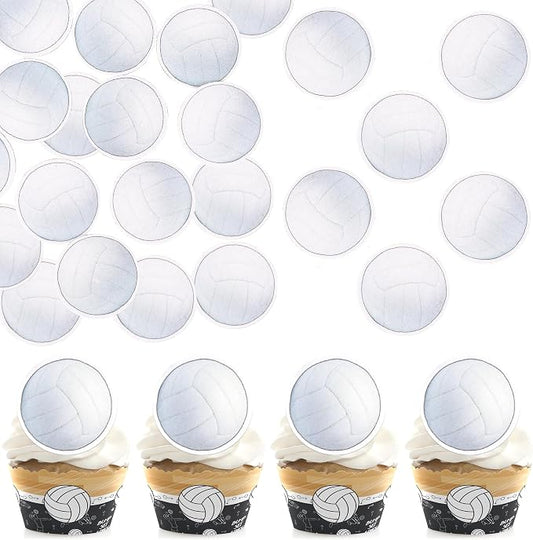 48 PCS Edible Volleyball Cupcake Toppers Wafer Paper Sports Ball Cupcake Picks Edible Volleyball Birthday Decorations for Sports Theme Baby Shower Kids Player Birthday Party Cake Decoration Supplies