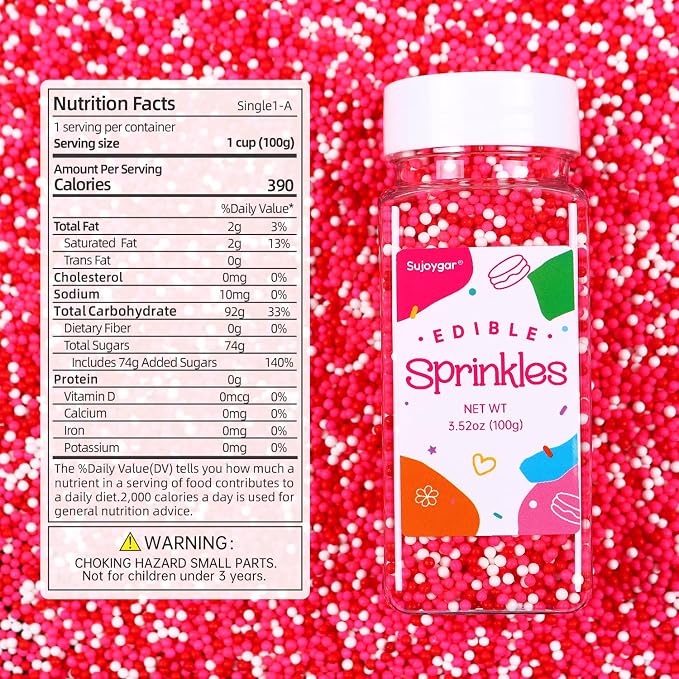 Pink Nonpareils Sprinkles, Red Pink and White Sprinkles Bulk for Cake Decorating Cupcake Baking Dessert Cookies Valentine's Decoration, 3.52oz