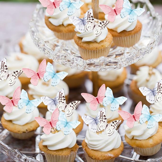 48 PCS Colorful Wafer Paper Butterflies Cake Decorations - Edible Butterfly Cupcake Picks for Baby Shower, Wedding, Birthday Party