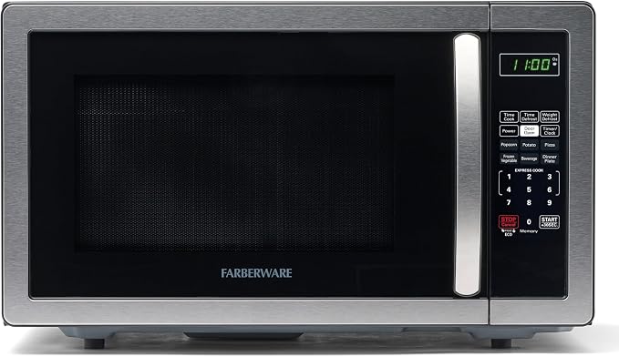 Farberware 1.1 Cu. Ft. Countertop Microwave Oven – 1000 Watts Power, Auto Cook Settings, Defrost, Easy Clean and Child Safety Lock - Stainless