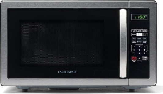 Farberware 1.1 Cu. Ft. Countertop Microwave Oven – 1000 Watts Power, Auto Cook Settings, Defrost, Easy Clean and Child Safety Lock - Stainless
