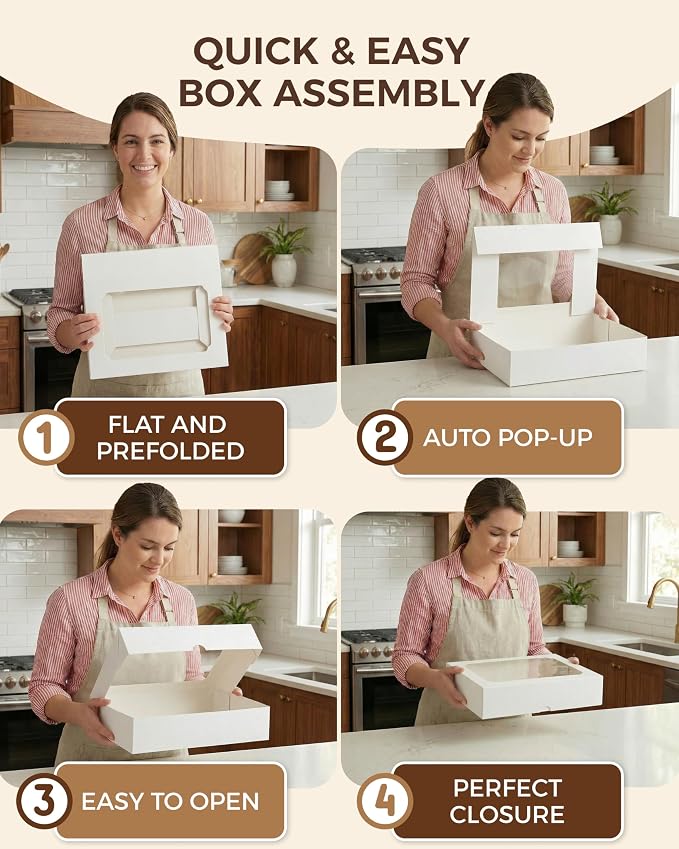 20pcs Cookie Boxes with Window 12x8x2.5 inch, Large Bakery Boxes, Auto-Popup Treat Box for Desserts, Chocolate Covered Strawberries, Breakable Heart, Pastries, Cajas Para Postres with 80 Stickers