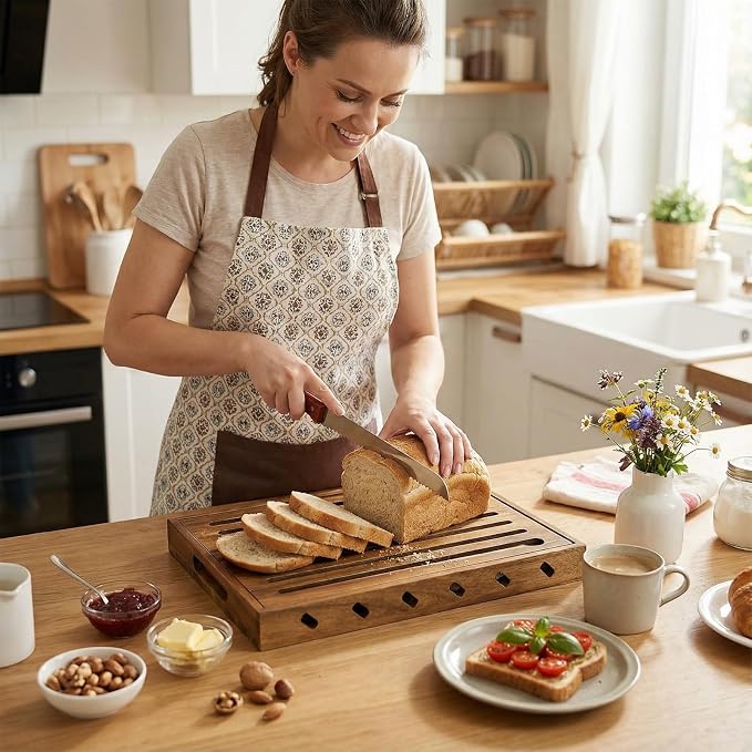 Goaste Wood Bread Cutting Board with Crumb Catcher, 15 Inch Bread Slicer Board with Crumb Holder Tray, Premium Natural Chopping Board for Bagels Sourdough Homemade Loaves, Double as Bread Serving Tray
