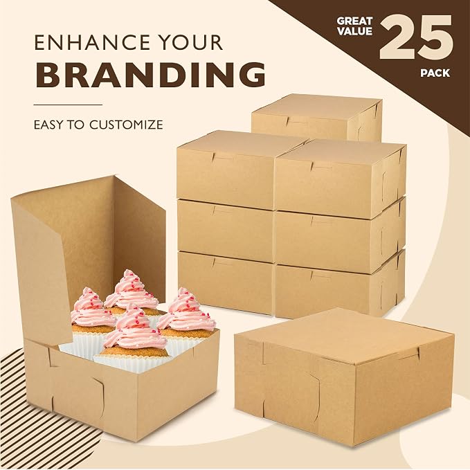 Fit Meal Prep 25 Pack Kraft Bakery Boxes, 6 x 6 x 3 Inches Brown Pastry Boxes, Cardboard Treat Boxes Pie Boxes Cookie Boxes Dessert Boxes for Cupcakes, Chocolates, Donuts, Macarons