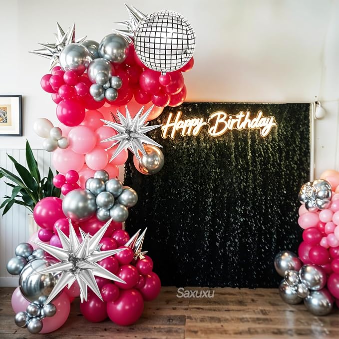 Disco Balloon Arch Kit, Hot Pink Black Balloons Garland Arch Kit, Star Foil and Disco Foil Balloons, Hot Pink Silver Black Balloon For Birthday 8090 Theme Party Wedding Bridal Shower Anniversary