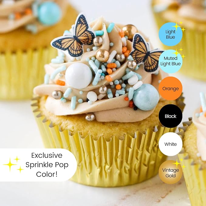 Sprinkle Pop Monarch Butterfly Sprinkle Mix| Blue Orange Sprinkles with ~10 Butterfly Wafer Paper and Gold Dragees| Decorating Sprinkles Made In USA for Mother’s Day Cupcakes Cakes Cookies Donuts, 2oz