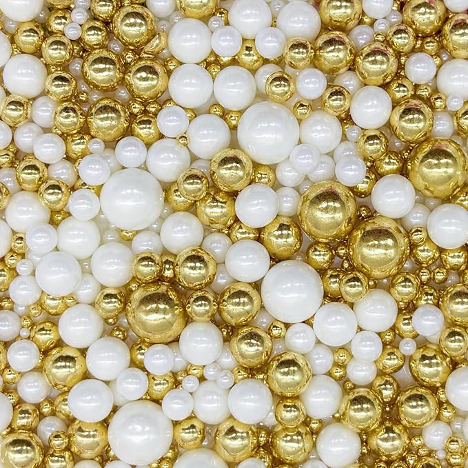Edible Super Gold & White Sugar Pearls Sprinkles Candy Mix Size Pearls Cake Decorations Cupcake Toppers Decorating Perfect for Wedding Party Valentine Supplies 4.58OZ