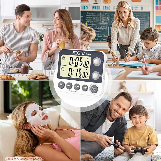 Digital Dual Kitchen Timer with Magnetic Back & Memory Presets, 2 Groups Countdown/Up Stopwatch Timer, 3-Level Volume + LED Alert, On/Off, 100Hr Max for Cooking, Baking (Battery Included)
