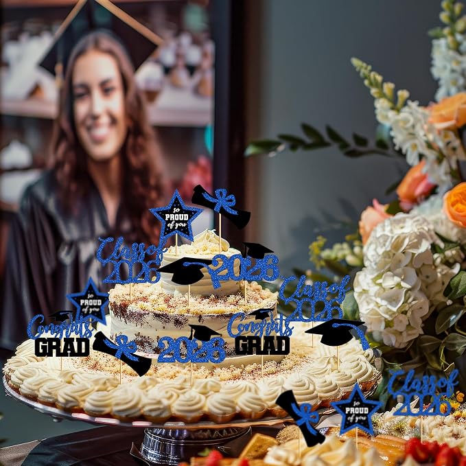 48 PCS Grad Cupcake Toppers, 6 Styles Graduation Cake Topper, Congrats Graduation Decorations 2026, Glittery Black and Blue Cap and Diploma Cake Picks for Grad Decor Party Supplies
