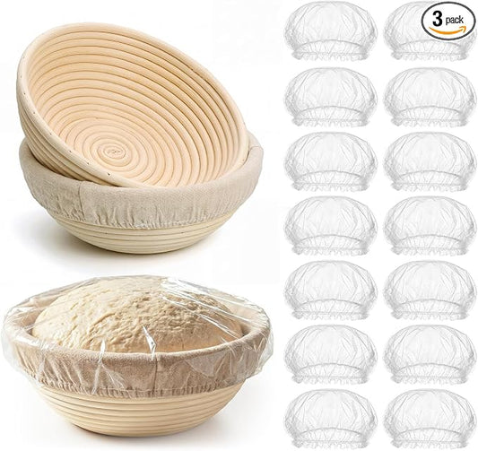 LemonRoad 2 Pcs 9 Inch Bread Proofing Baskets with Shower Caps Set Banneton Basket Sourdough Proofing Basket with Cloth Liners &1000 Pcs Shower Caps for Sourdough Bread Making Baking Ferment(Round)
