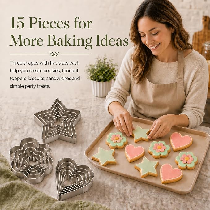 15-Piece Stainless Steel Cookie Cutters Set, Flower Heart & Star Shapes in 5 Sizes Each, Reusable Metal Baking Molds for Cookies, Fondant, Cakes, Pie Crusts, Sandwiches, Fruit, Cheese & DIY Crafts