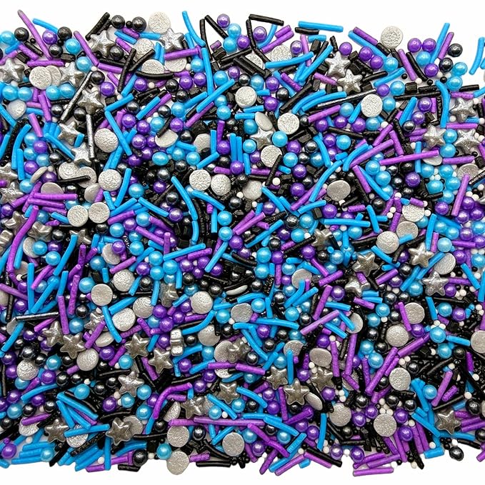 SE Si&Moos Galaxy Sprinkles 3 OZ Black Blue and Purple Edible Pearls for Cake Decorating Blue and Purple Edible Pearls and Sequins Space Sprinkles Mix for Baby Shower Halloween Christmas Cookie Decorations