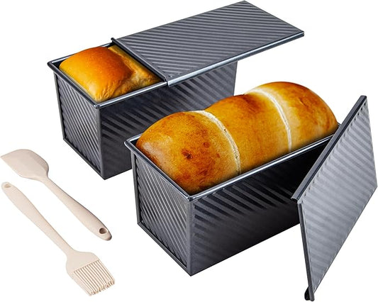 CARTMAN Bread Loaf Pan 2 Pack, 1 LB Pullman Loaf Pan with lid and a Silicone Spatula and Basting Pastry Brush, 1 LB Dough Capacity,Non-Stick Carbon Steel bread pans for homemade bread