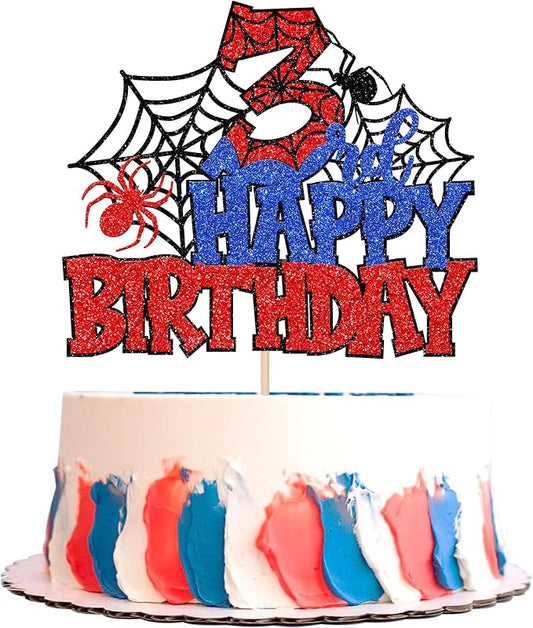 1 PCS Happy 3rd Birthday Cake Topper Glitter Spider Web Cheers to 3 Years Third Birthday Cake Pick Superhero Spider Party Decorations for Boys Girls Happy 3rd Birthday Party Cake Decorations Supplies
