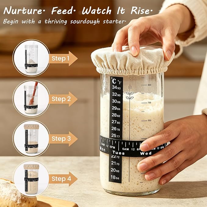 Sourdough Starter Kit, Sourdough Bread Baking Supplies, Banneton Bread Proofing Basket with Starter Jar, Dough Whisk, Scrapers, Recipe, Round Bread Proofing Basket, for Bread Baking