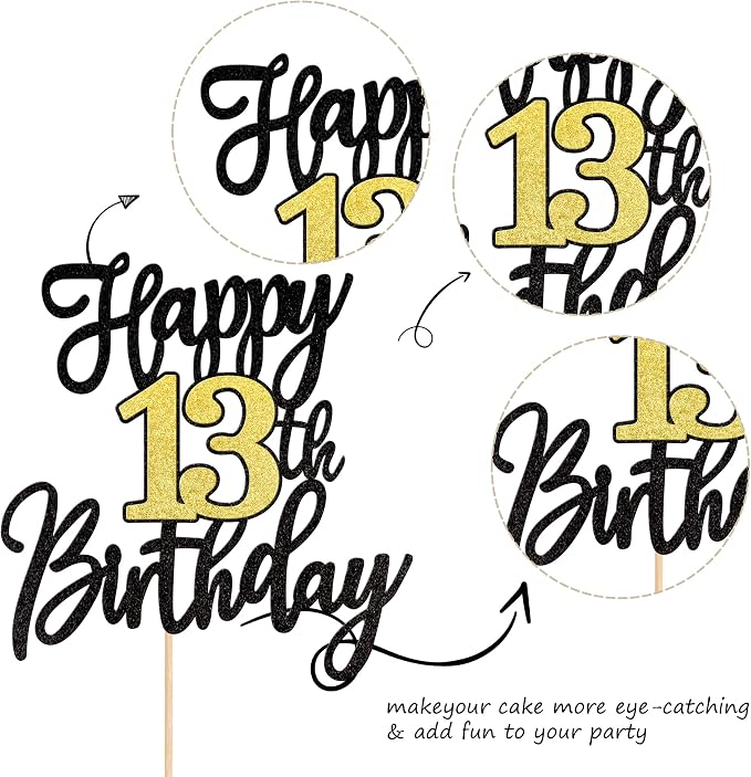 1 PCS Happy 13th Birthday Cake Topper Black Gold Glitter Cheers to 13 Years Birthday Cake Pick 13 Fabulous Cake Decoration for Happy 13th Birthday Anniversary Party Cake Decorations Supplies