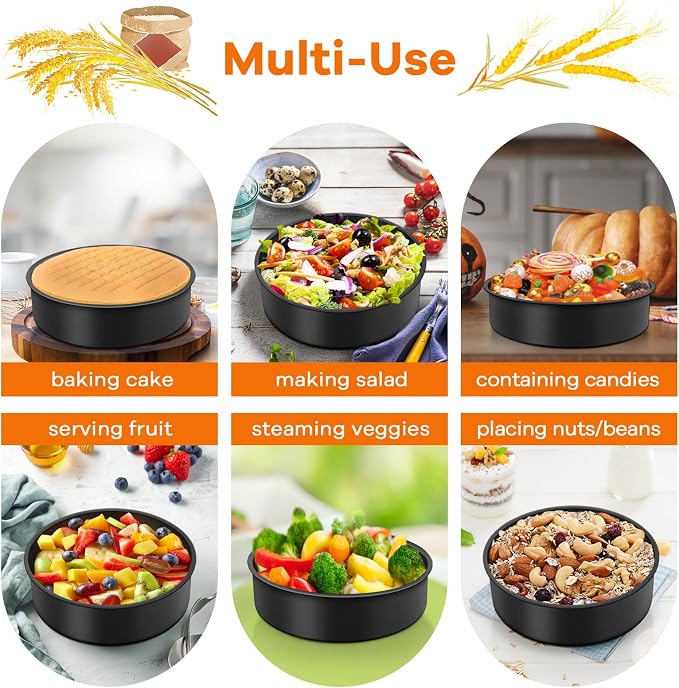 TeamFar Cake Pan, 4'' / 6''/ 8'' Round Baking Tier Pan Set, with Non-Stick Coating Stainless Steel Core, for Steaming Serving, Healthy & Heavy-Duty, Release Easily & Easy Clean, Set of 3, Black