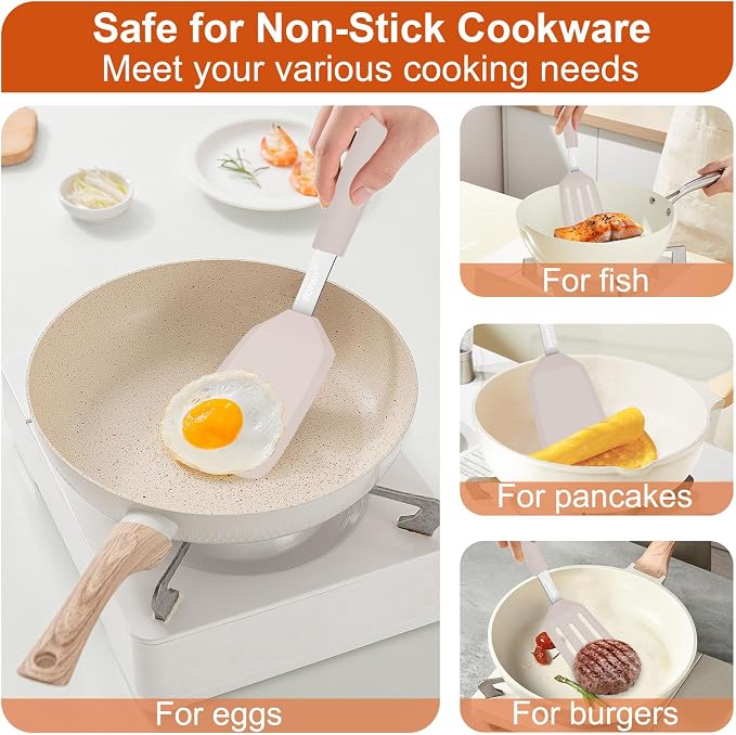 2 Pack Silicone Kitchen Spatula Set, 600°F Heat Resistant (Khaki) | BPA Free, Solid & Slotted Turner, Non-Toxic Cooking Utensils, Safe for Non Stick Frying Pan, Dishwasher Safe