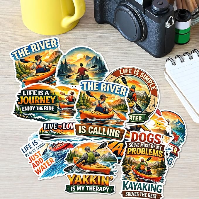 10pcs Kayaking Stickers Gifts for Kayakers Water Sports Lovers Multiple Different Design, Waterproof UV-Resistant for Water Bottle, Laptop, Window, Car